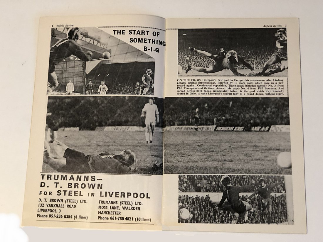 Strømsgodsets keeper Inge Thun fikk et tøft møte med Anfield for 52 år siden. Her fra Liverpools program til andrerundekampen mot Ferencvaros.