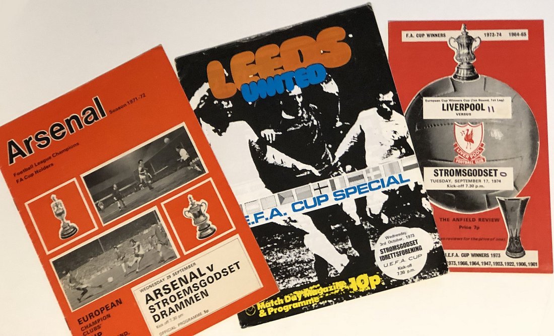 Programmene fra Strømsgodsets tre E-cupkamper på engelsk jord første halvdel av 1970-tallet.