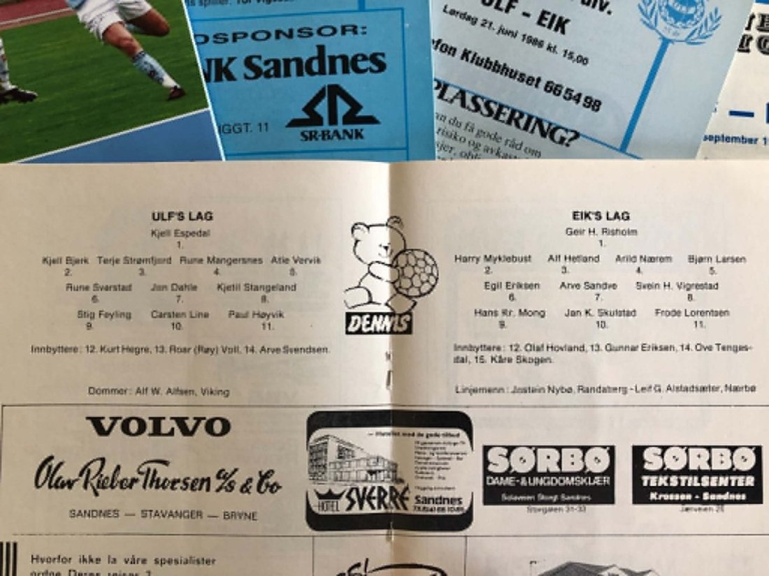 Lagoppstillingene fra da vi vant 2-1 over Ulf i Sandes i juli 1982. Mange av spillerne fra den gang sitter garantert på tribunen i dag!